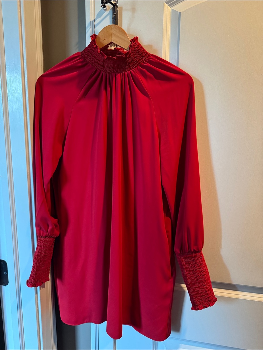 Amanda Uprichard Noemi Red Mini Dress with Smocked Neck and Cuffs